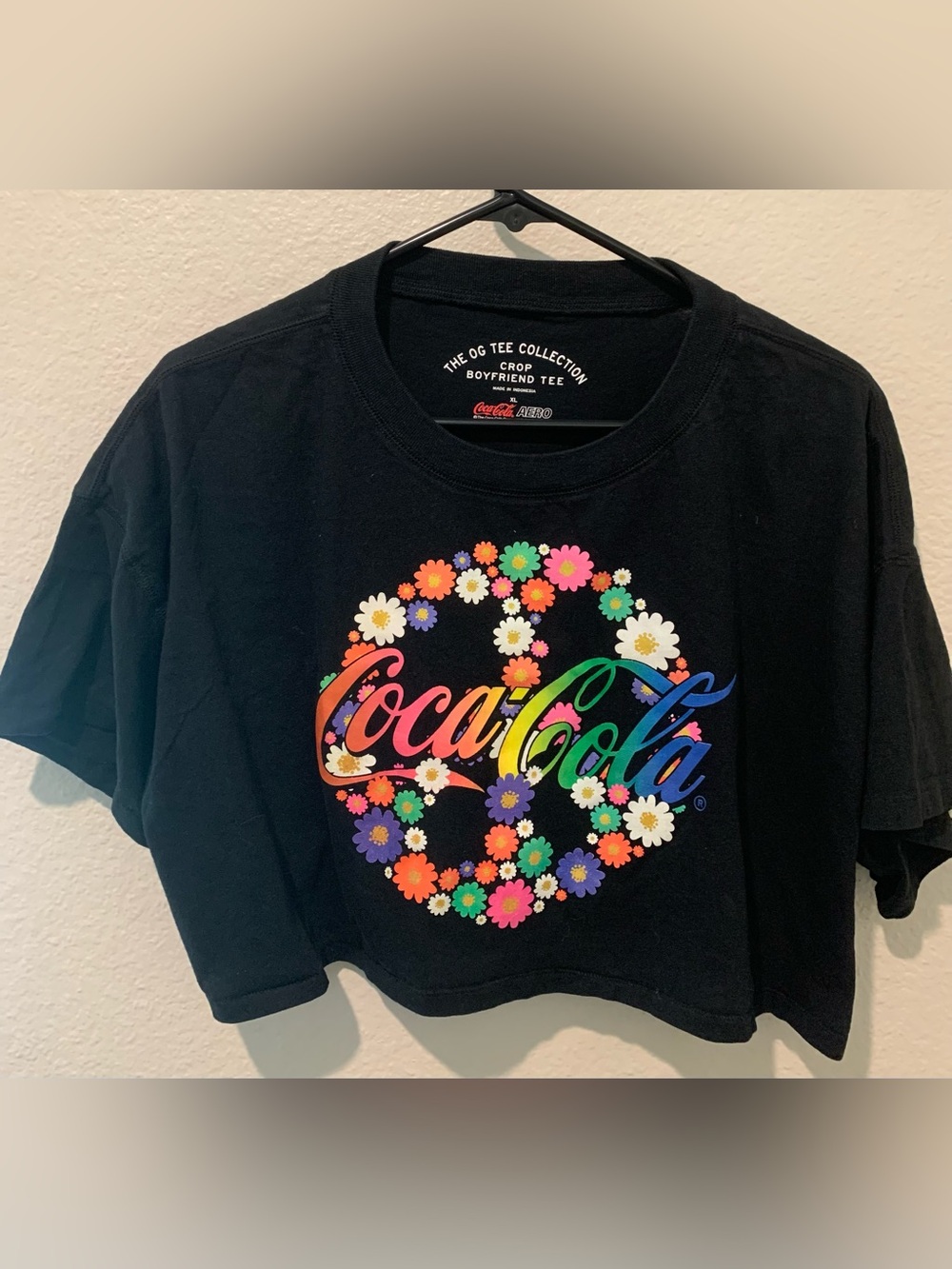 Coca Cola Black Crop Tee with Rainbow Floral Peace Graphic